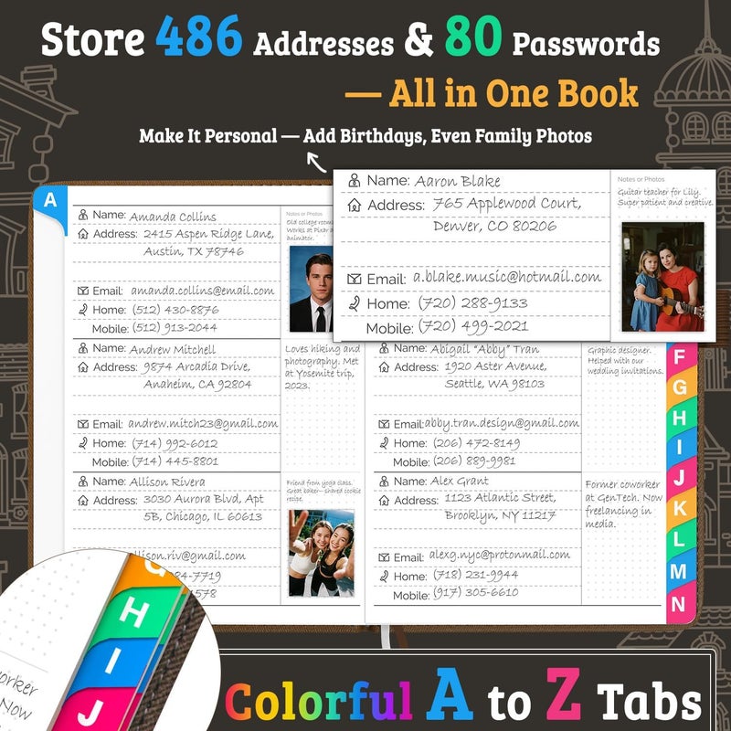 hi!SCI Address Book with Colorful Alphabetical Tabs (4.7" X 6.2") – Telephone Address Contact Book for Seniors, Address Book with Space for Website Address and Internet Passwords (Royal Brown) - Image 2